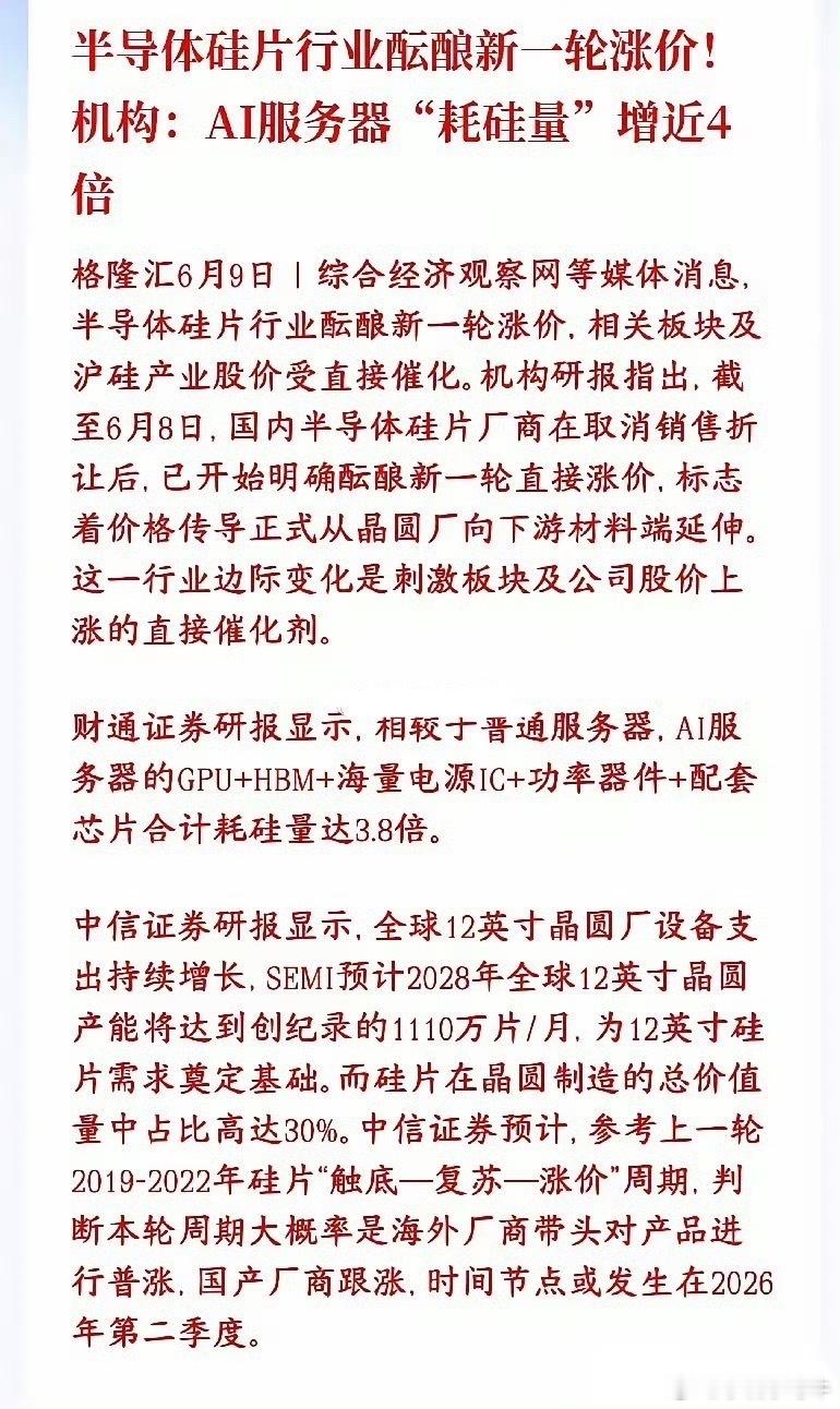 又是科技股的利好消息，半导体行业酝酿新一轮涨价，明天科技股稳了硅片是做芯片的“硅