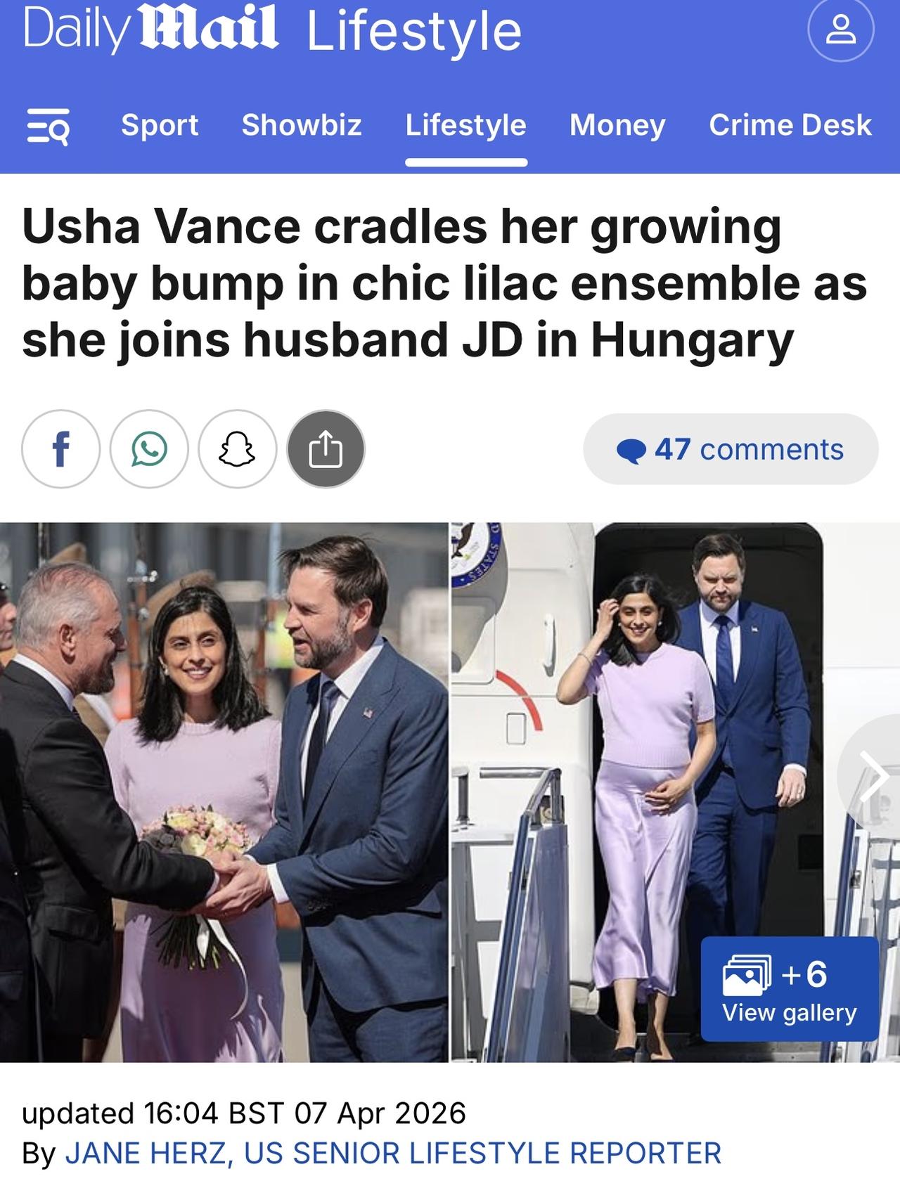 美国第二夫人乌莎·万斯温柔地抚摸着她日益隆起的孕肚，与丈夫、副总统约翰·迪·万斯