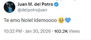 大师兄德尔波特罗赛后立刻发来贺电：我爱你，Nole！加油！