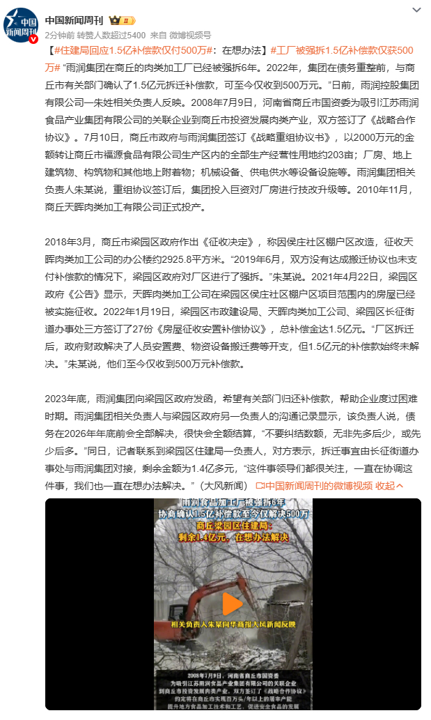 住建局回应1.5亿补偿款仅付500万雨润集团在商丘的肉类加工厂被强拆6年，202