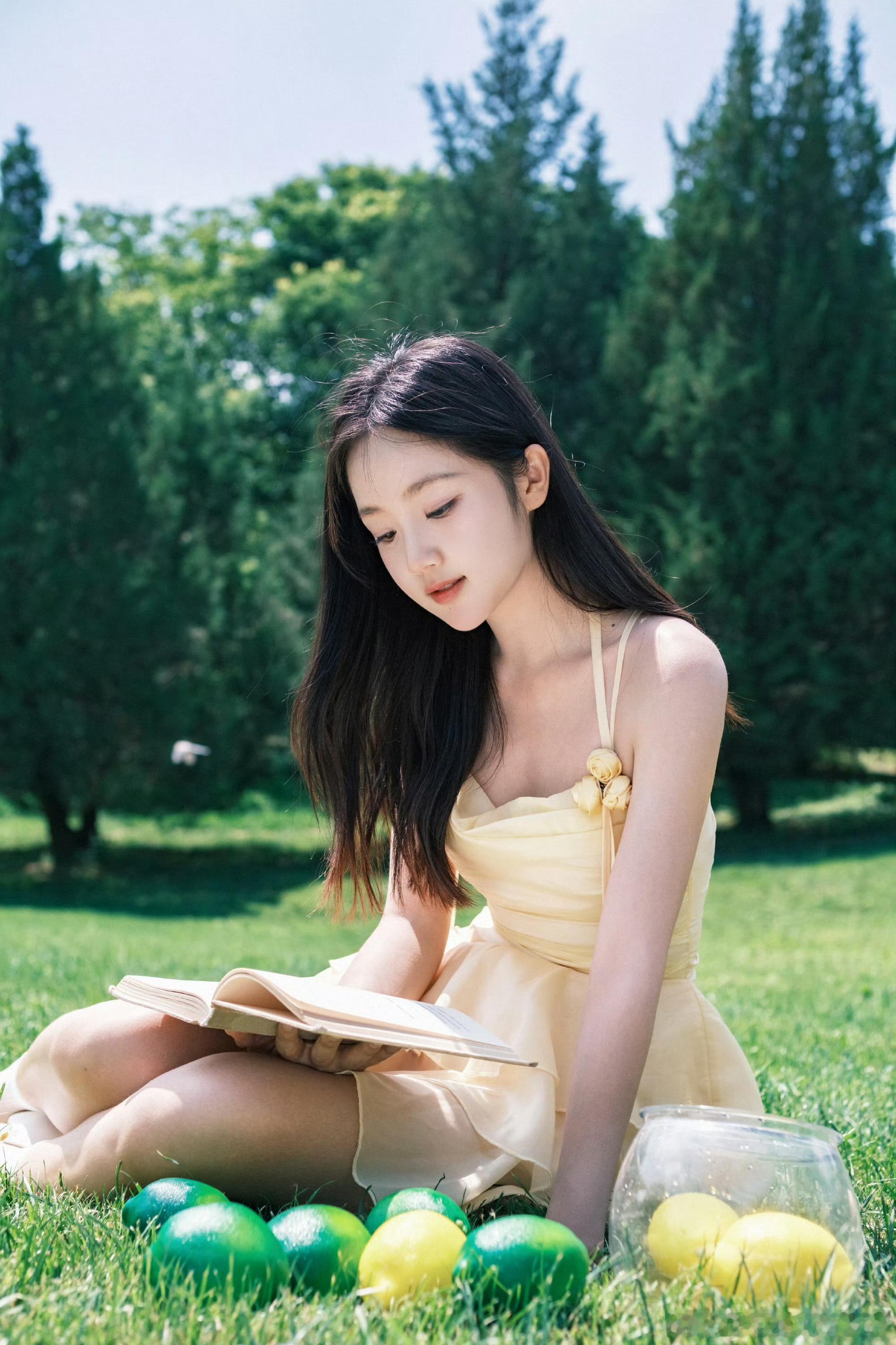杨志雯坐在草地上在看书，那我们呢？当然是看美美的她了