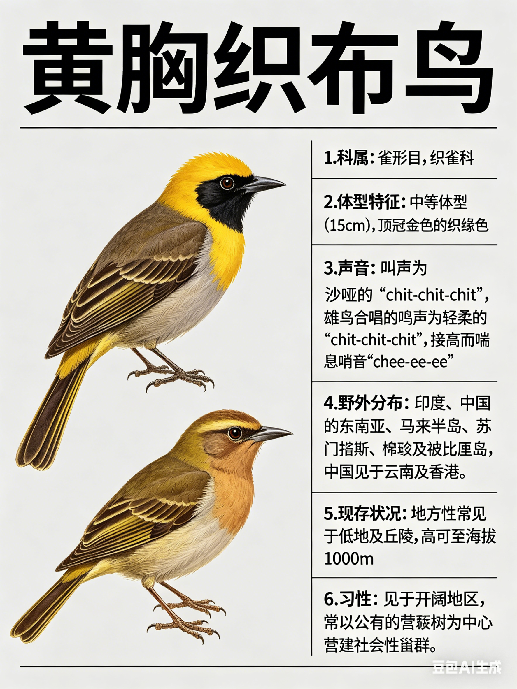 鸟类朋友图鉴 黄胸织布鸟·科属：雀形目，织雀科。·外形特征：中等体型（15cm）