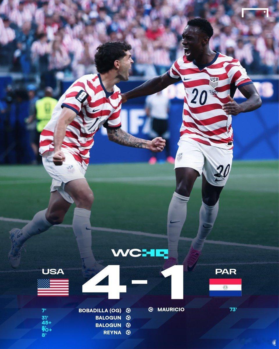世界杯美国4比1巴拉圭🇺🇸D组：美国队4-1击败巴拉圭队取得开门红；三支东道