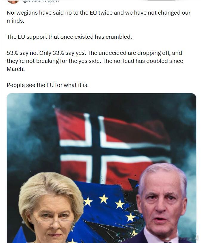 挪威人已经两次对欧盟说“不”。曾经存在的欧盟支持度已经崩塌。53%的人说不，只有