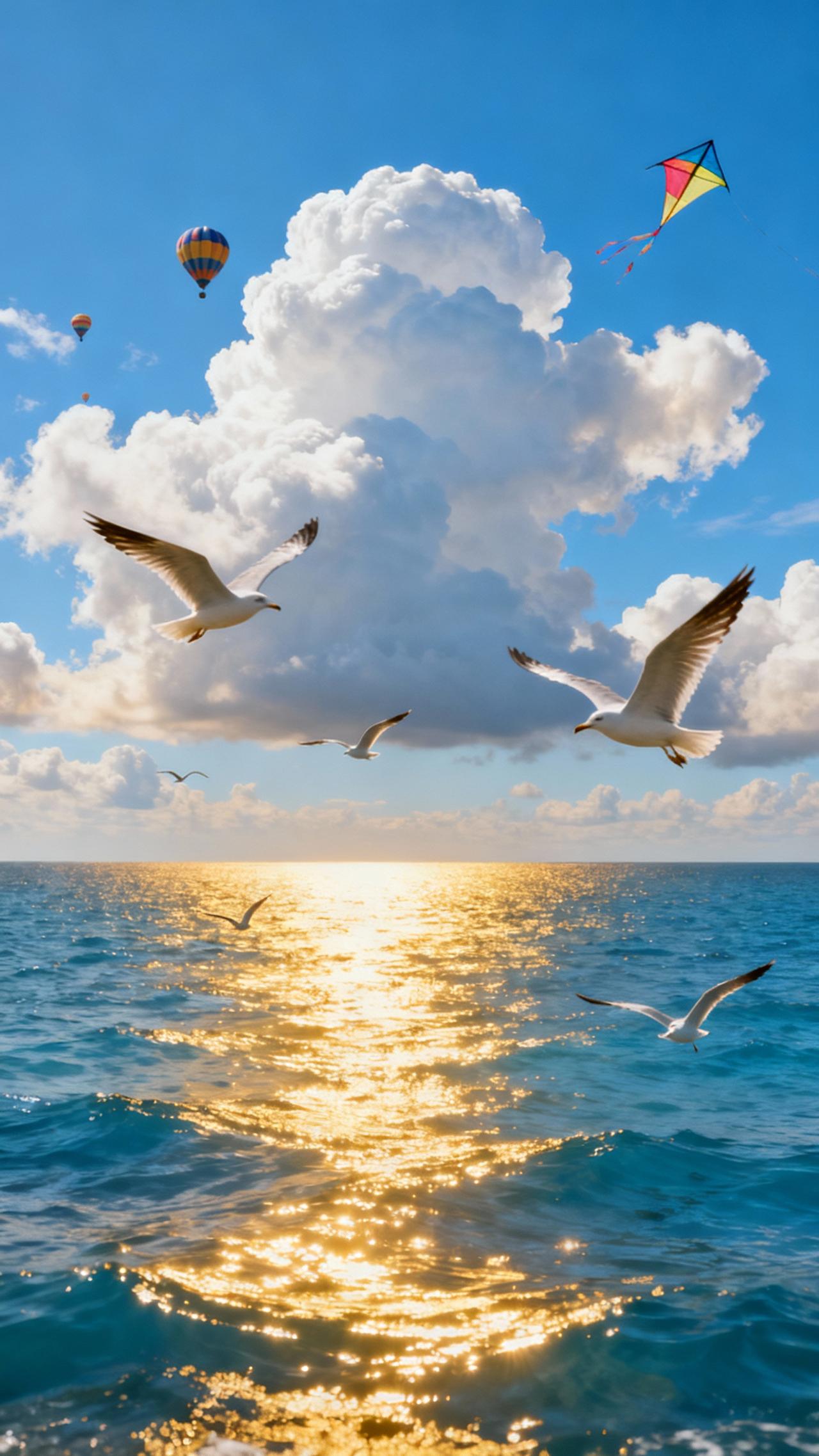 海鸥翱翔，热气球与风筝点缀，阳光洒满海面，美好一天的开始！🌊🕊️💙