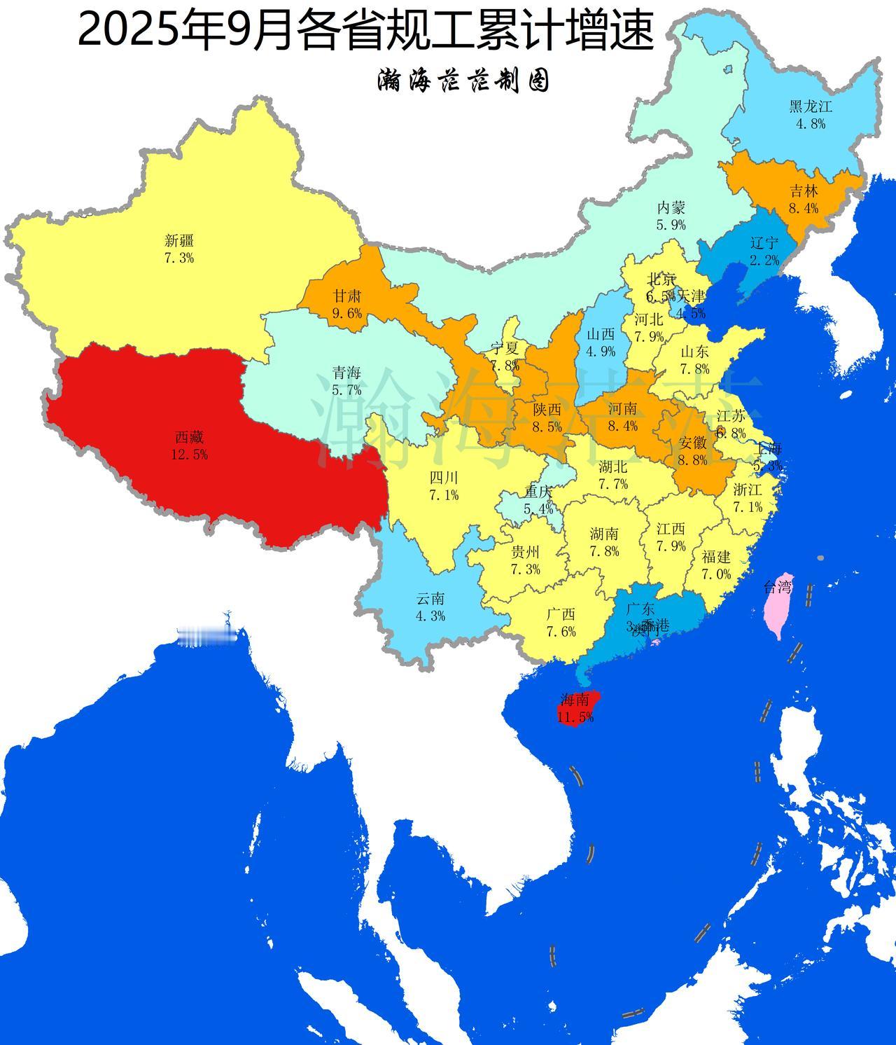 2025年9月全国各省规工、固投、社消和出口累计增速。
河南省规工增速第6，固投