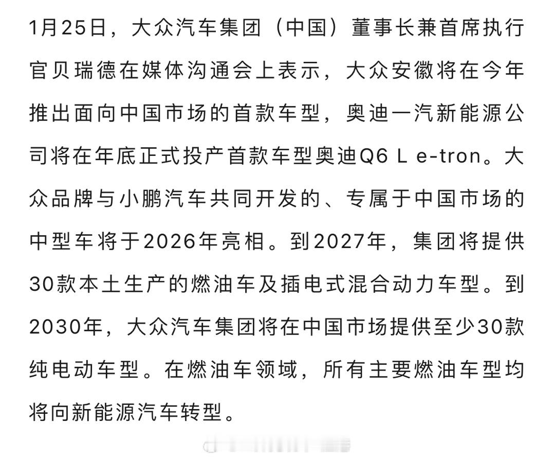 2030年前大众要在中国市场投入至少30款纯电动车！接下来，大众在新能源领域的节