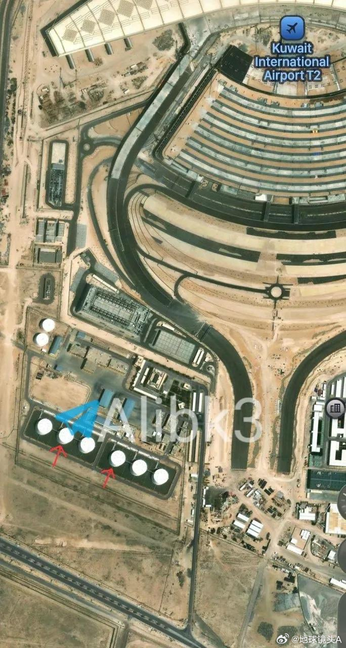 伊朗反击或大规模升级 遭伊朗无人机打击的科威特国际机场。航空燃料罐被击中燃烧猛烈