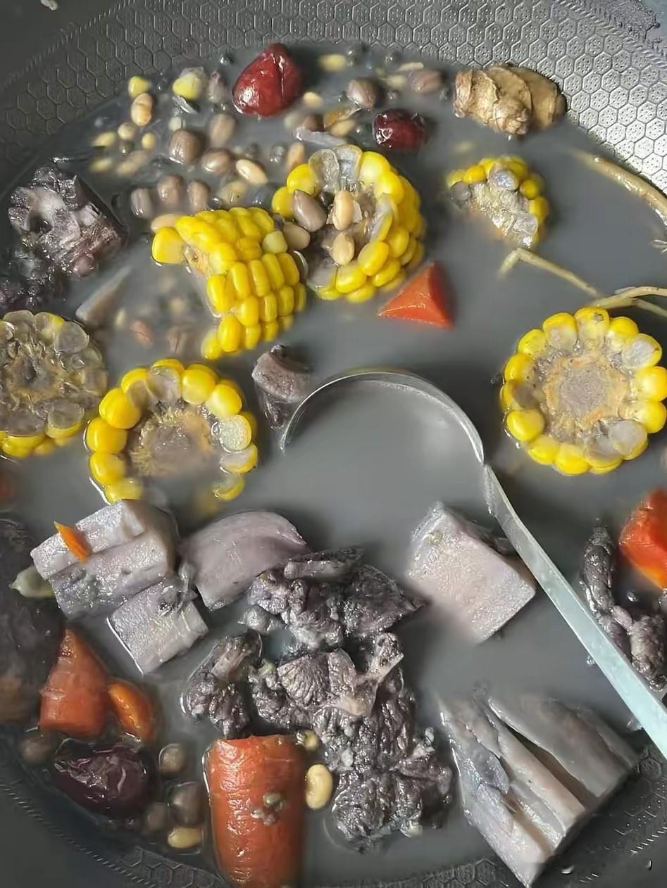 这锅汤视觉冲击力太强了，直接把我干愣了。
这哪里只是黑暗料理那么简单，
这简直就