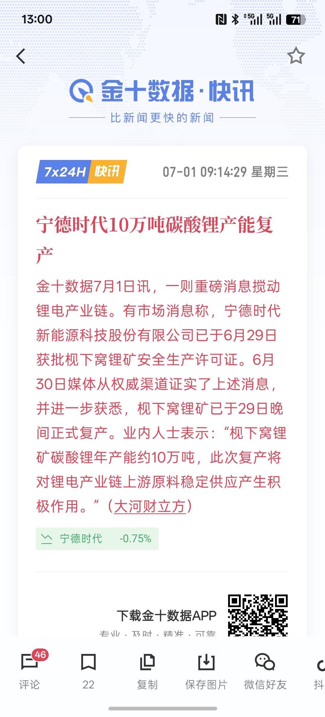 宁德时代10万吨碳酸锂产能复产，今天早盘锂电池下跌，应该就是因为这个事情吧，其实