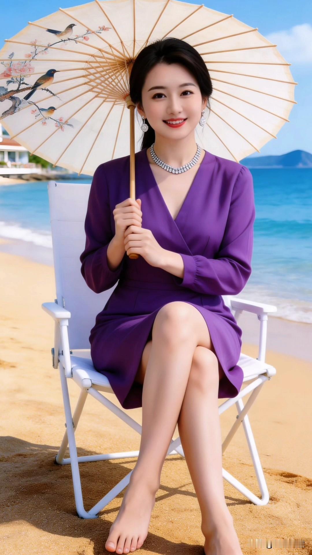 赴一场海边之约，穿搭必须氛围感十足！一条深紫色V领收腰连衣裙，修身剪裁勾勒曼妙曲