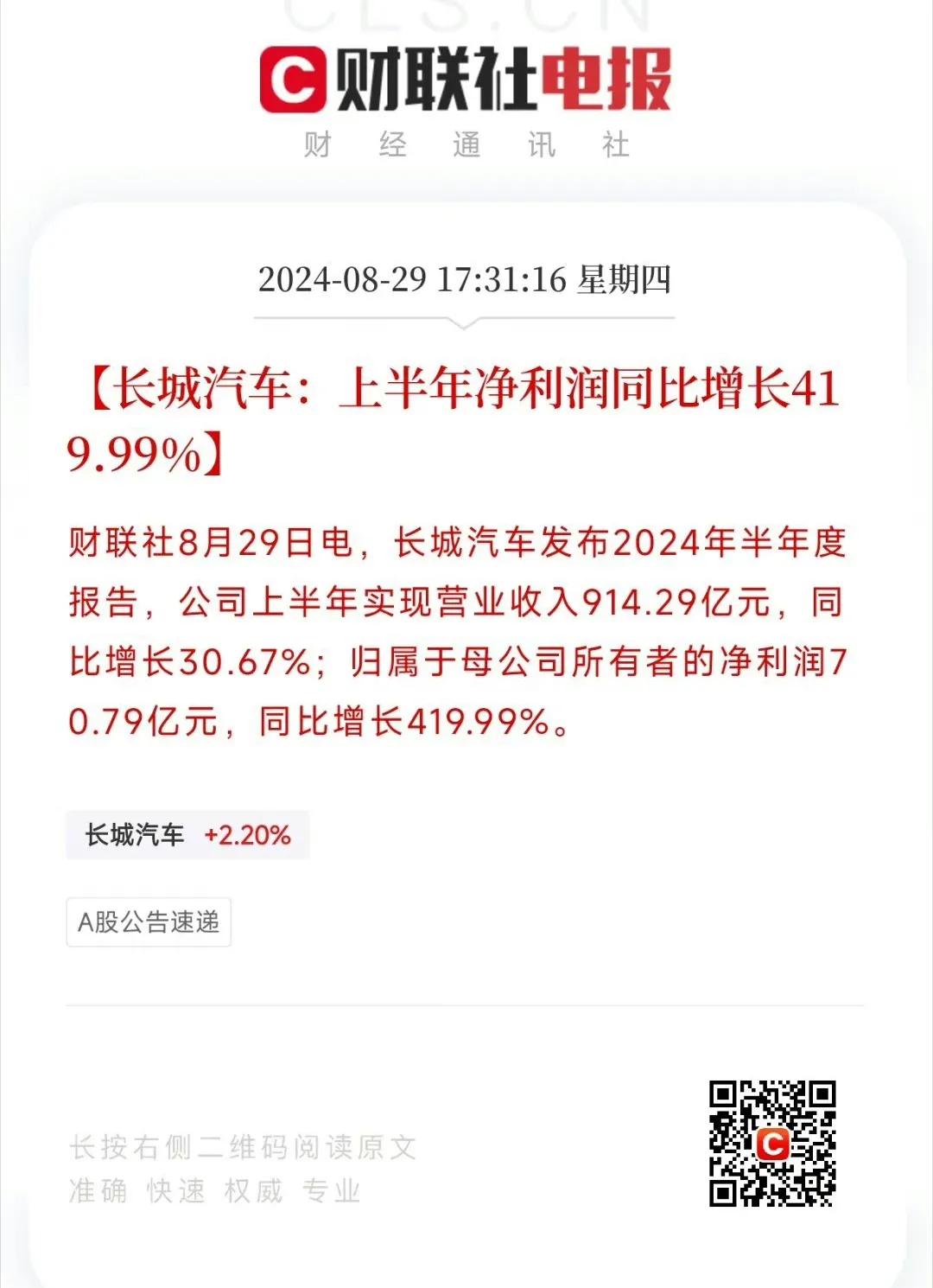 2024年上半年长城汽车的净利润居然高达70.79亿元，同比暴涨了419.99%