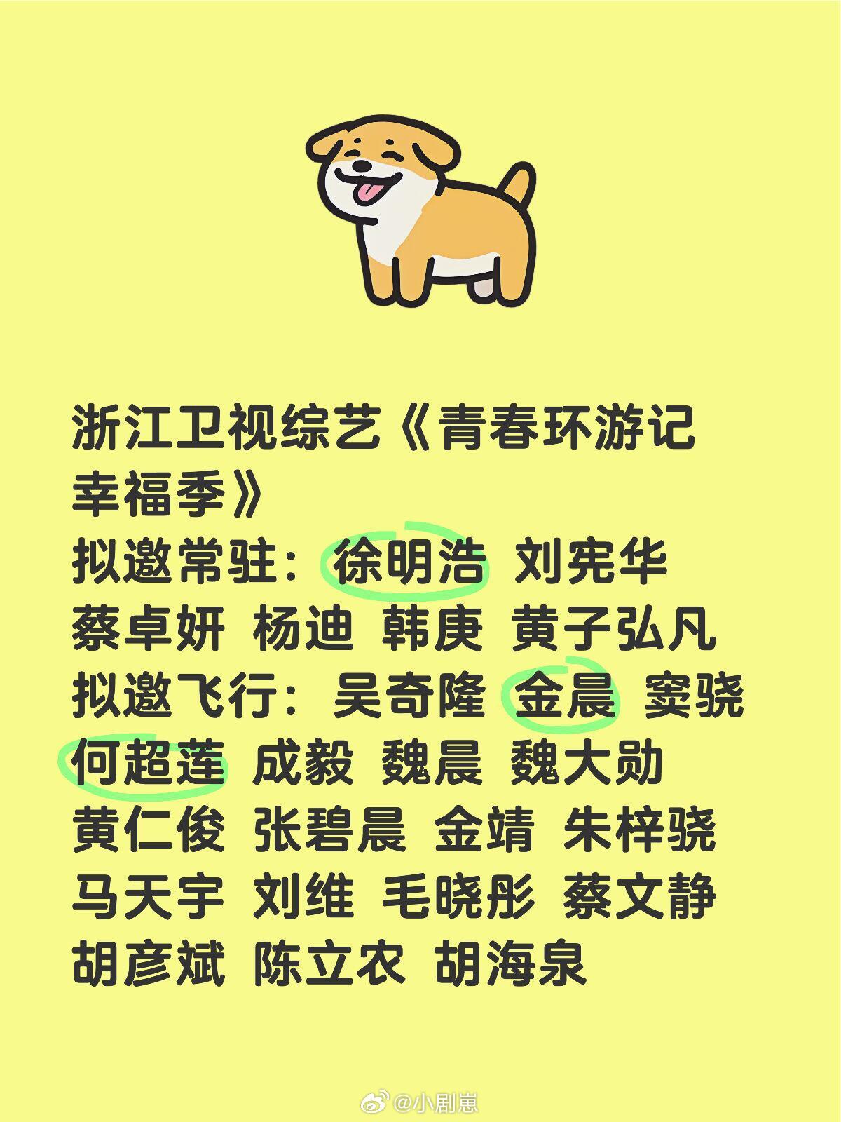 青春环游记[超话]浙江卫视综艺《青春环游记幸福季》阵容🍠拟邀常驻：徐明浩 刘宪