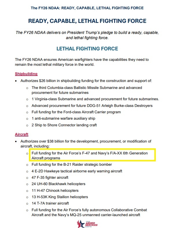 2026年帝国《国防授权法案》草案:一等人的F/A-XX舰载机项目有望——全额资