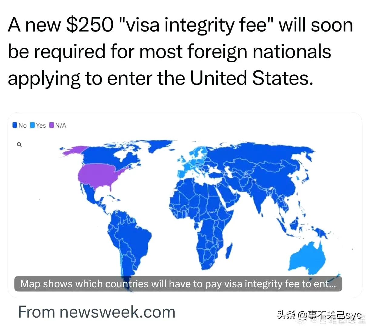 美国将对非移民类签证收取$250“诚信费”（图中深蓝色地区的公民），预计今年十月