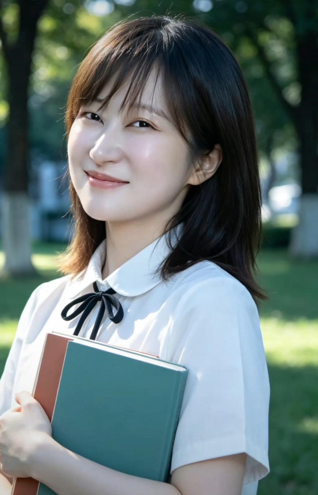 这个女生在公园里笑得很甜。