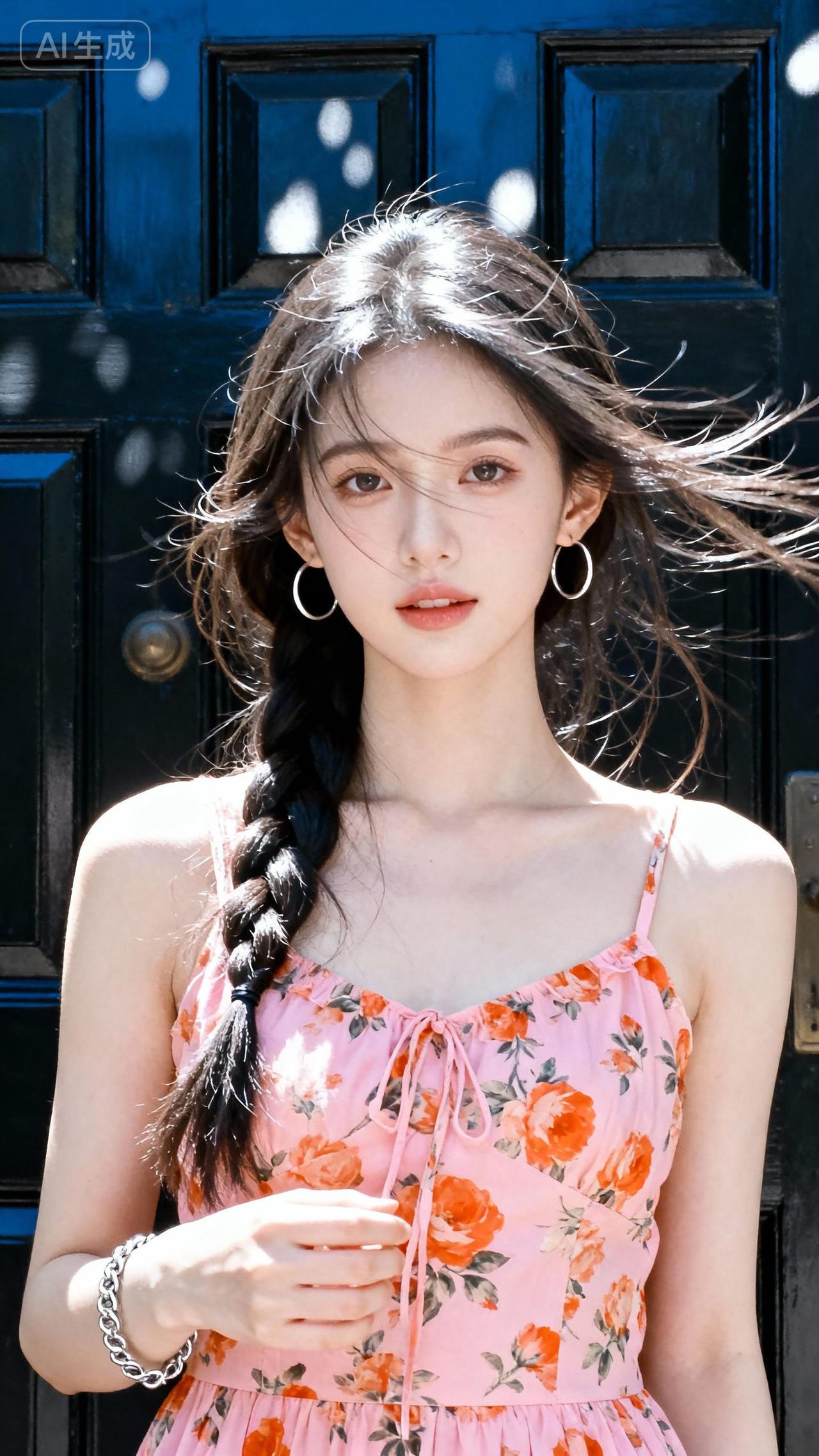 风拂发丝轻，花映笑颜明。