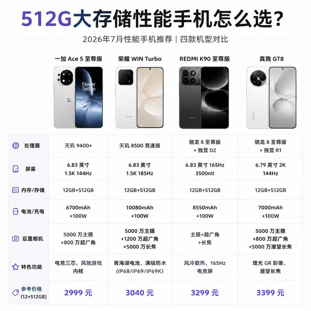 512G性能手机怎么选？四款热门机型横向对比

2026年8月，大存储已成性能手