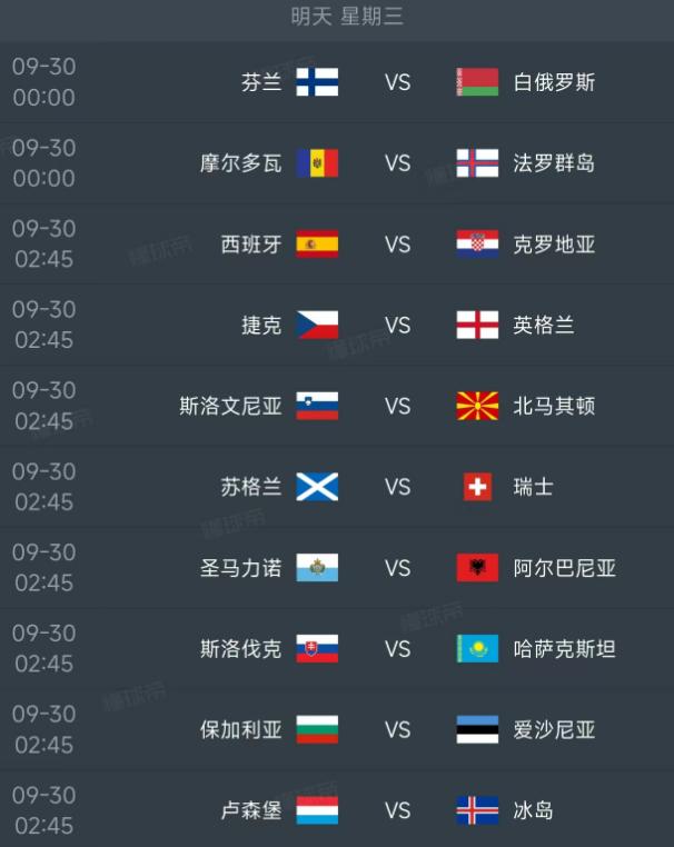 北京时间9月30日，明天的欧国联赛事有10场比赛，其中属于A级球队的是西班牙、克