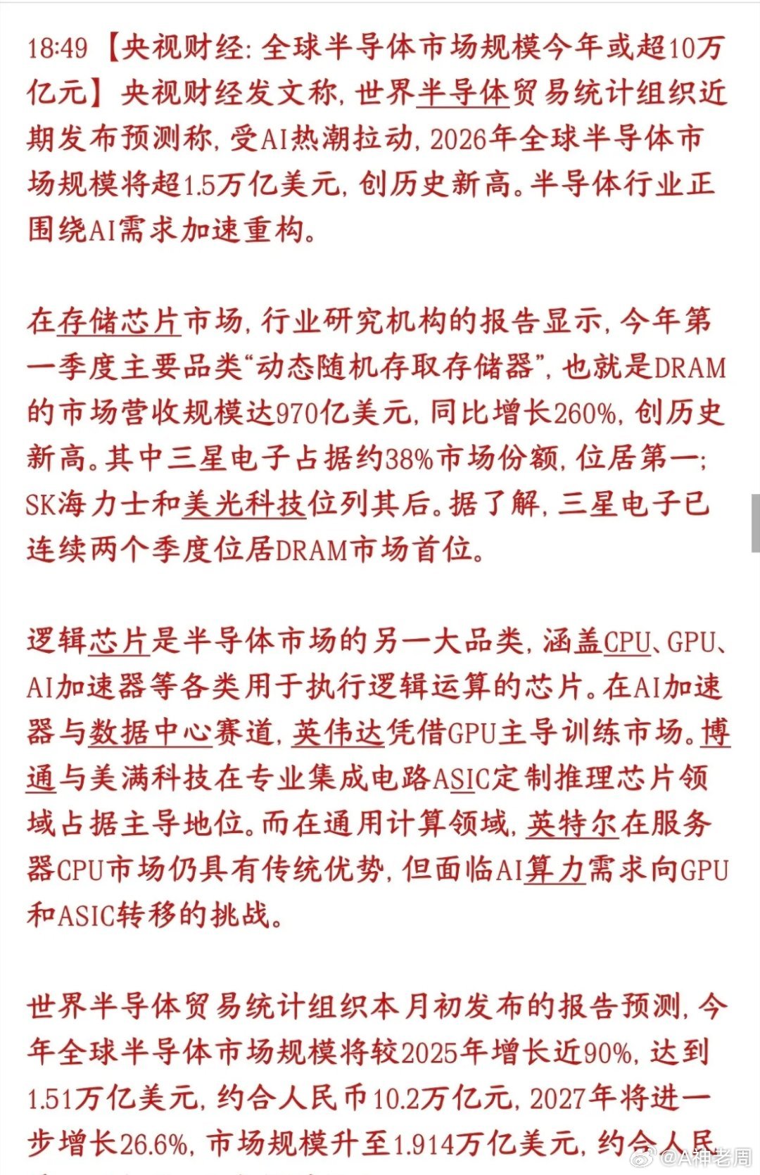 半导体板块再迎利好消息，官媒力挺市场规模官媒报道AI大火直接带飞了全球芯片行业，