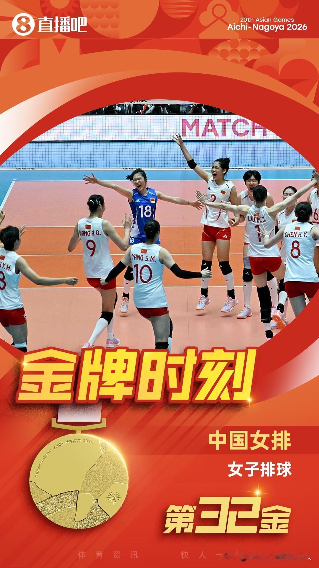 巾帼不让须眉！
中国女排亚运会3:0横扫日本夺金
这是中国队本届亚运会的第32枚
