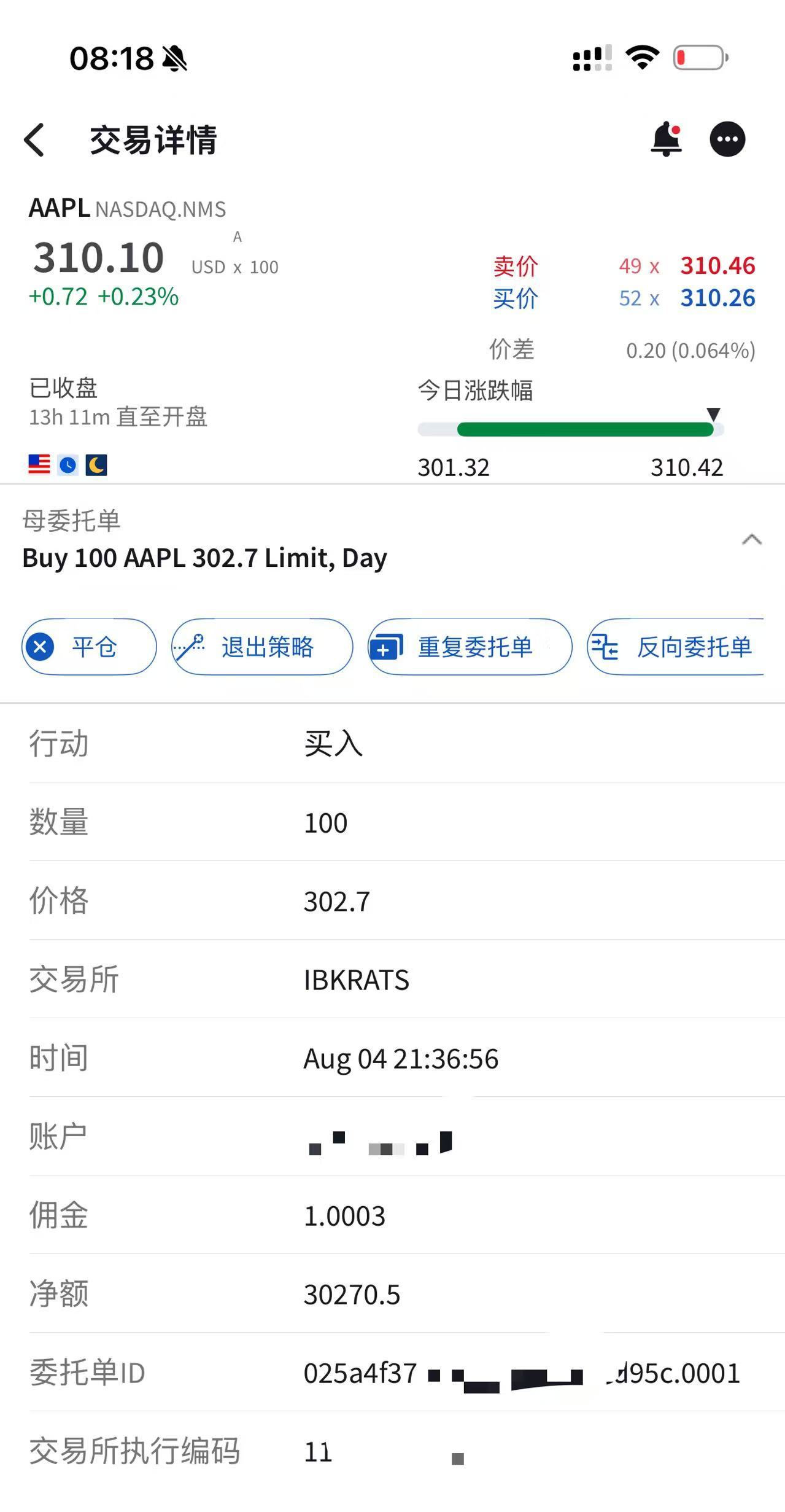 昨天苹果在302价格的时候，我又买入了3万美金看着他在临界点磨磨蹭蹭就烦，索性我