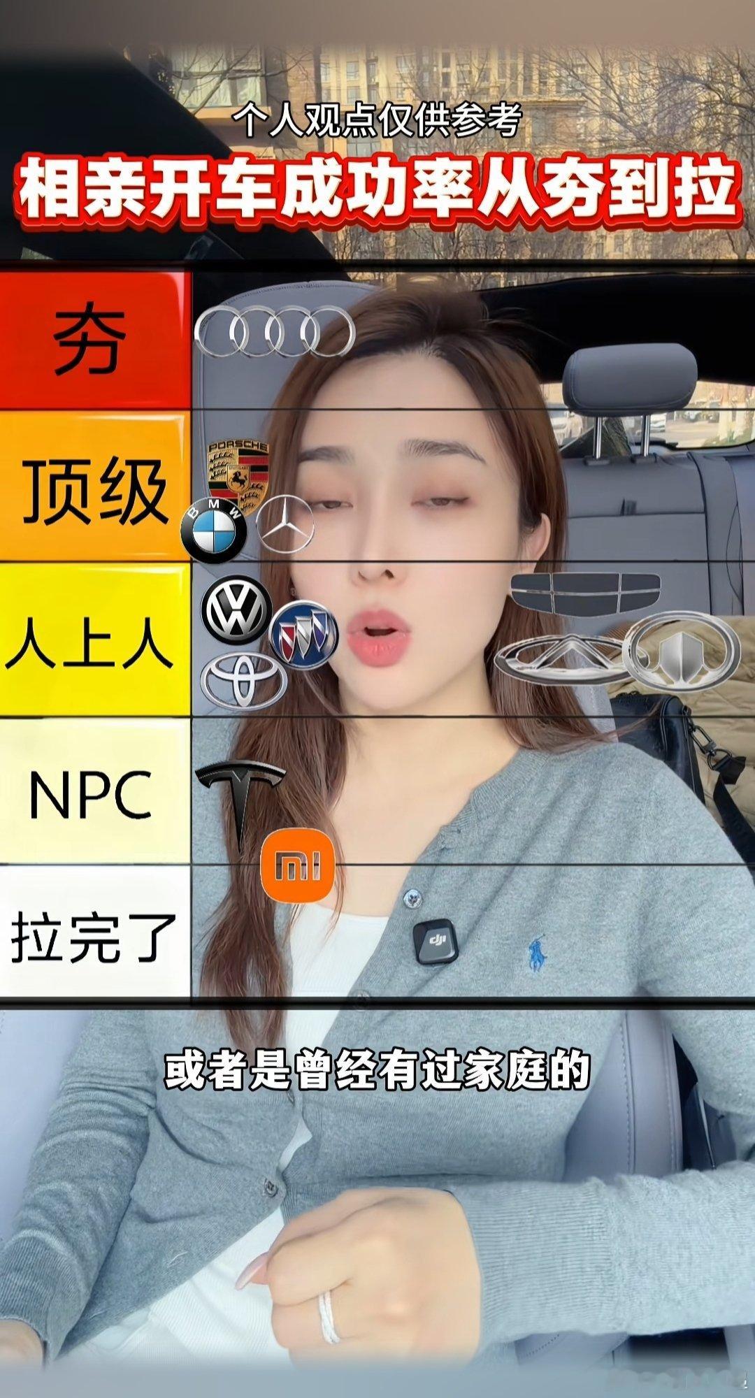 开小米汽车去相亲的成功率最低？Ann姐排的《相亲开车成功率从夯到拉》你们认可吗