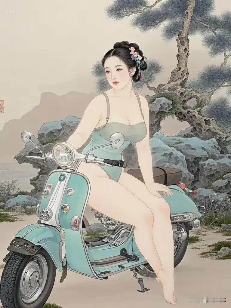 牛人用AI制作的画报，古香古色，美女配摩托，再加上国画风格的滤镜，别说，还真别有