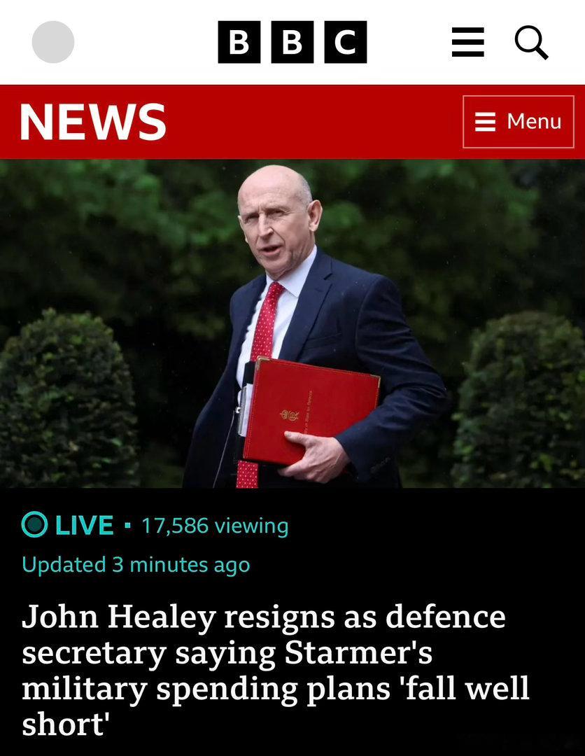 據BBC稱，英國國防大臣John Healey已辭去職務，並在致首相的信中表示，