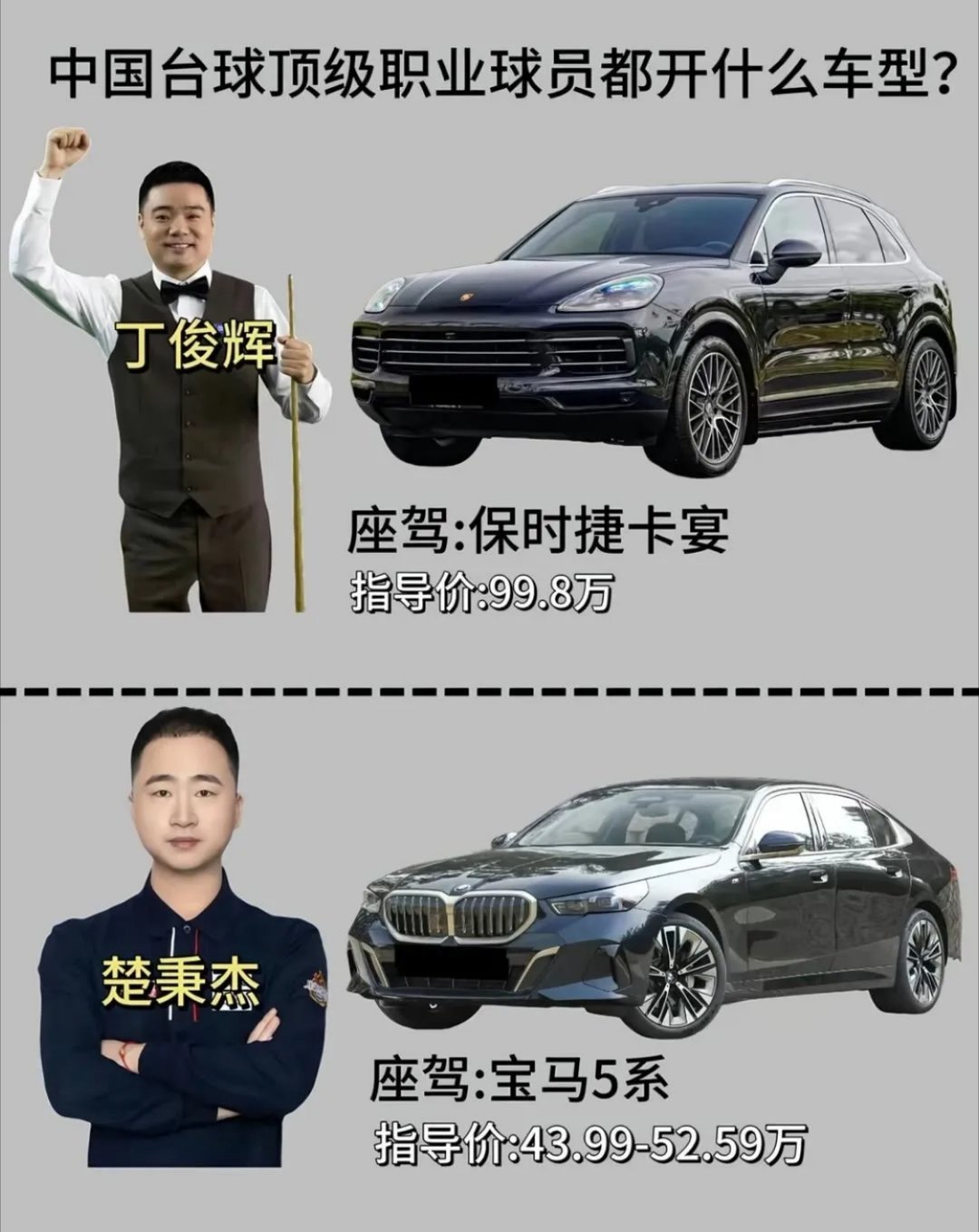 台球名将座驾与身份完美契合！丁俊晖保时捷卡宴沉稳大气，匹配斯诺克领军者气场；楚秉