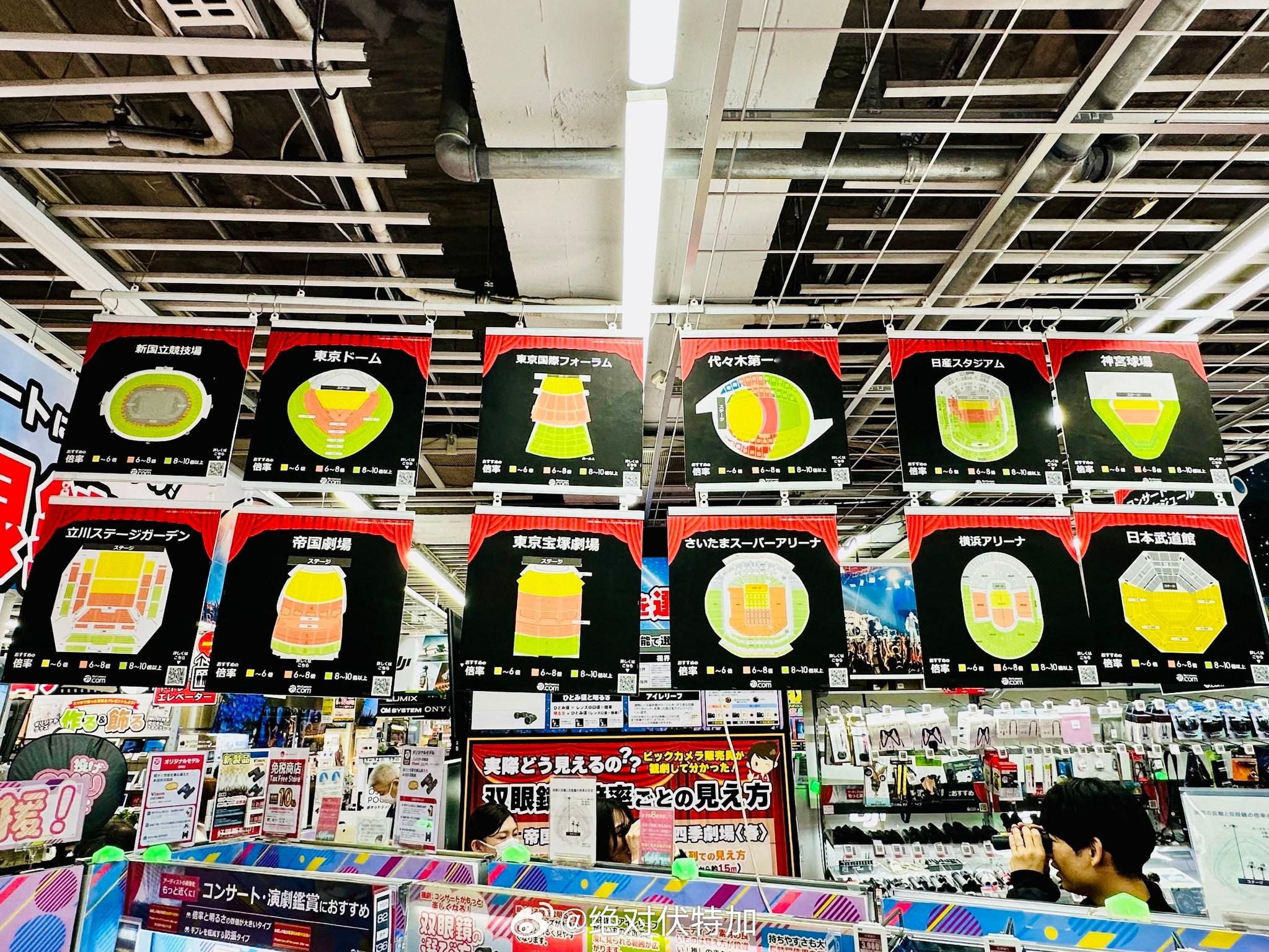 日本 Bic Camera 卖望远镜的专柜会把在不同运动场坐什么位置需要多大倍数