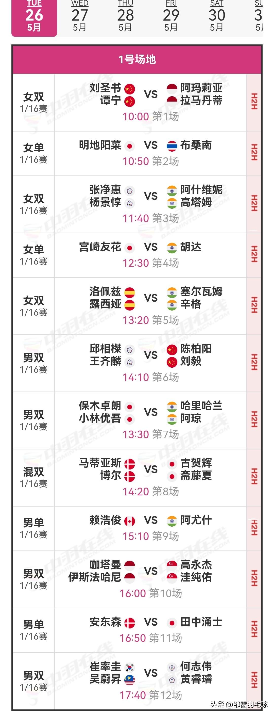 5月26日2026新加坡羽毛球公开赛首日赛程安排

今日，超级750级别的202