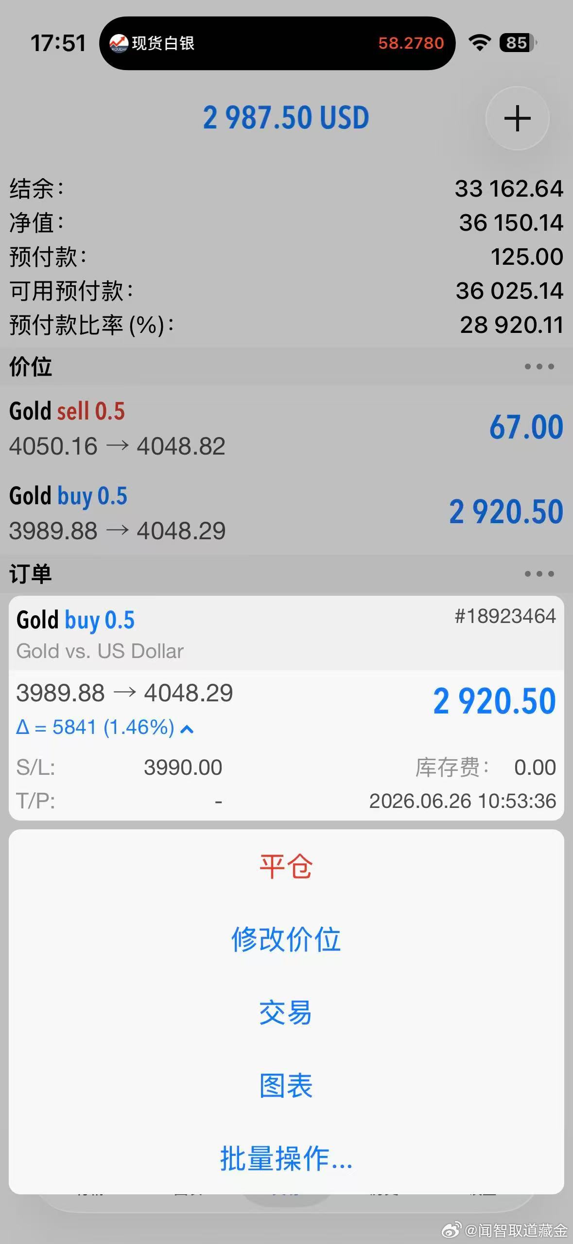 外汇黄金 3990的多单，50目标位也是到了！现在的行情又来到了咱们的4050做