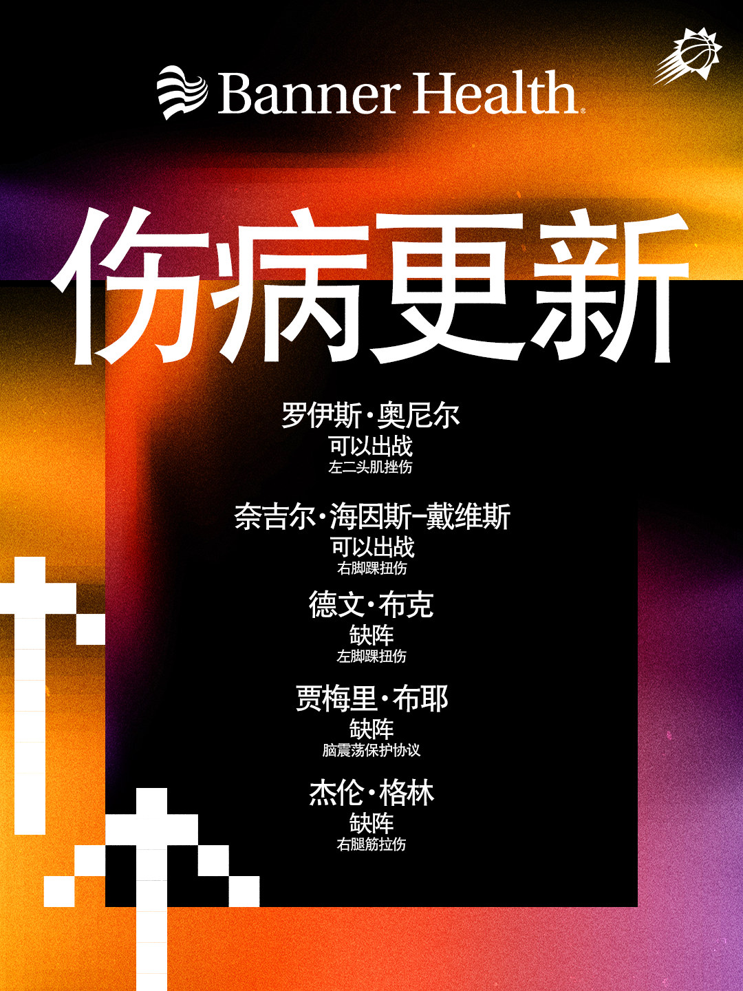 【今日伤病报告】罗伊斯·奥尼尔（左二头肌挫伤）—— 可以出战奈吉尔·海因斯-戴维