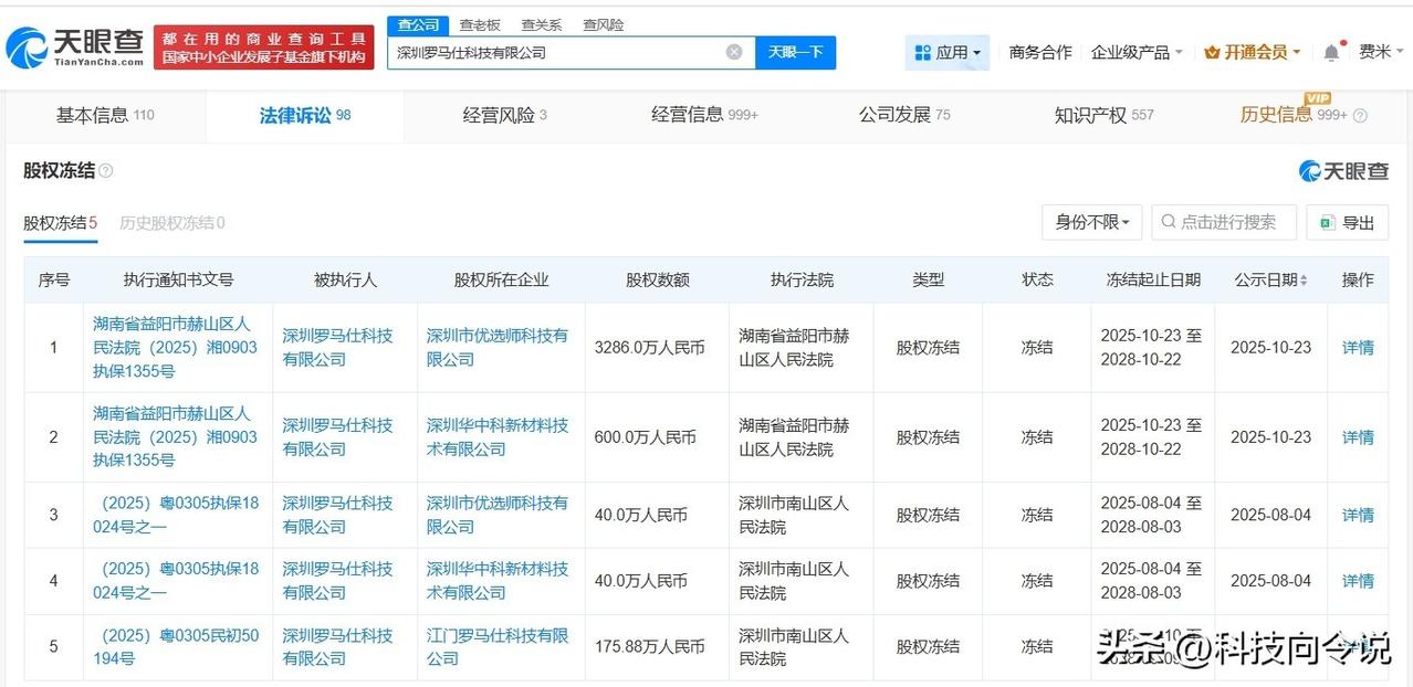 【罗马仕被冻结3886万股权 罗马仕所持3886万股权被冻结】
天眼查天眼风险信