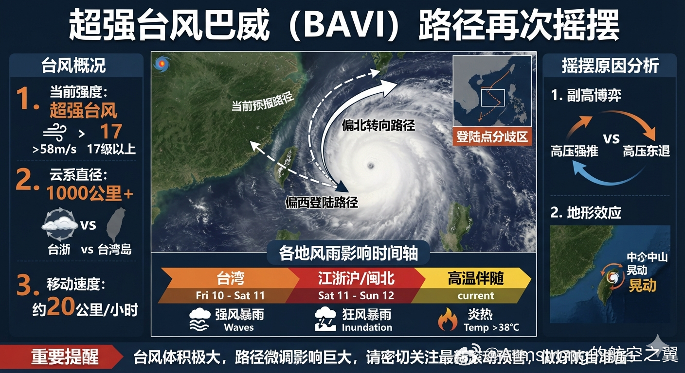 台风巴威路径又开始摇摆了 今年第9号超强台风“巴威”的整体大方向已锁定我国，不会