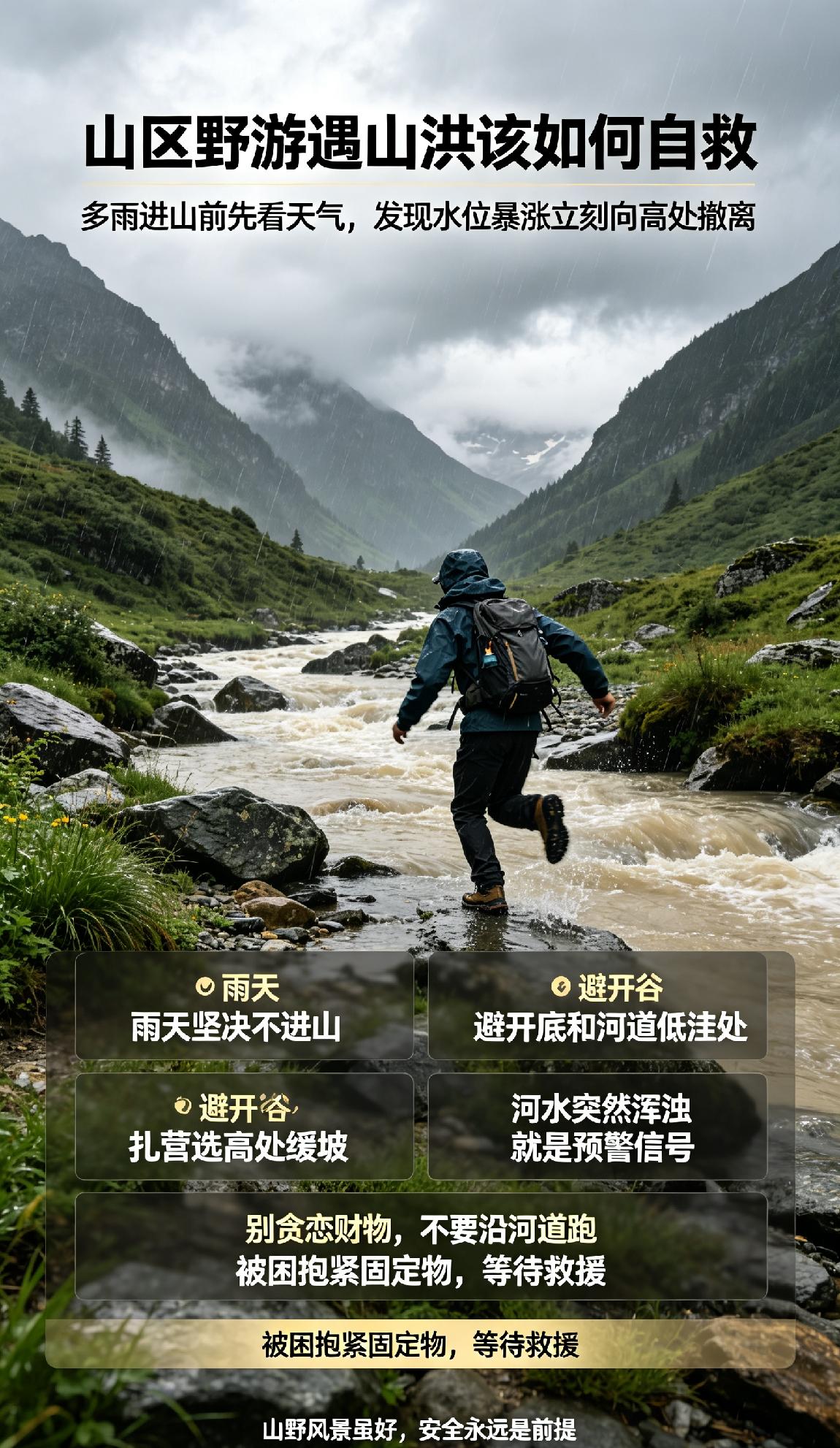 夏季进山避暑野游的人越来越多，但多雨时节山区山洪突发性极强，往往短短几分钟内水位