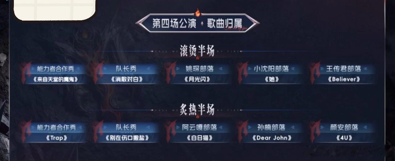披荆斩棘[超话]四公歌曲归属情况上下半场已经出炉披荆斩棘‖披荆斩棘的哥哥‖ ​​