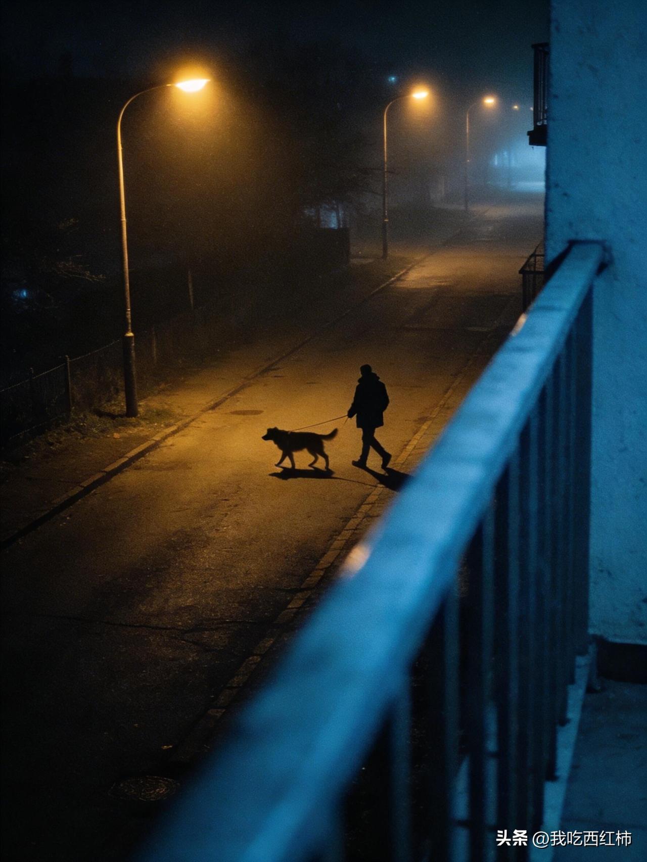 凌晨三点，楼下有人在遛狗 🐕
蹲在阳台抽烟，看见楼下有人遛狗。金毛走得很慢，时