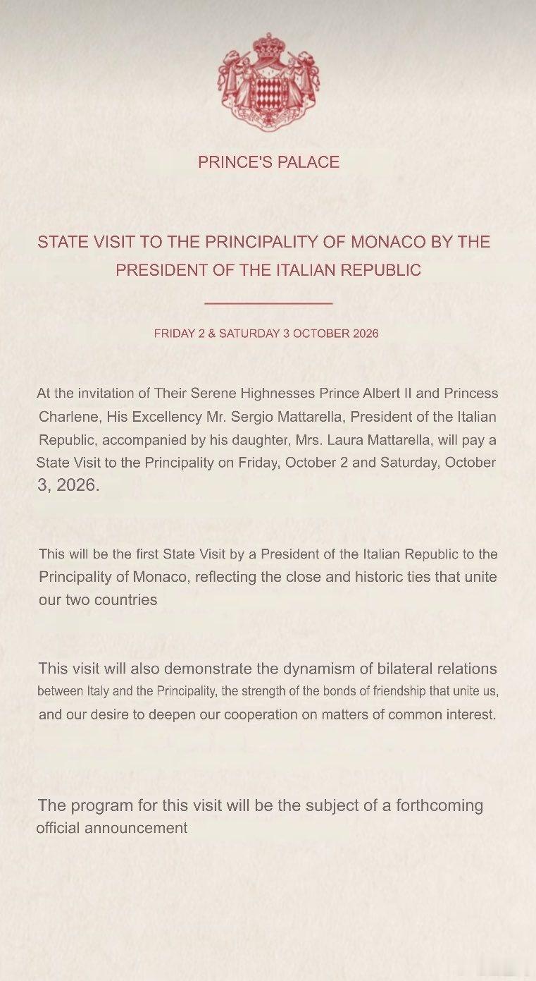 摩纳哥王室 🇲🇨🇮🇹10月2日-10月3日，意大利总统塞尔焦·马塔雷拉阁