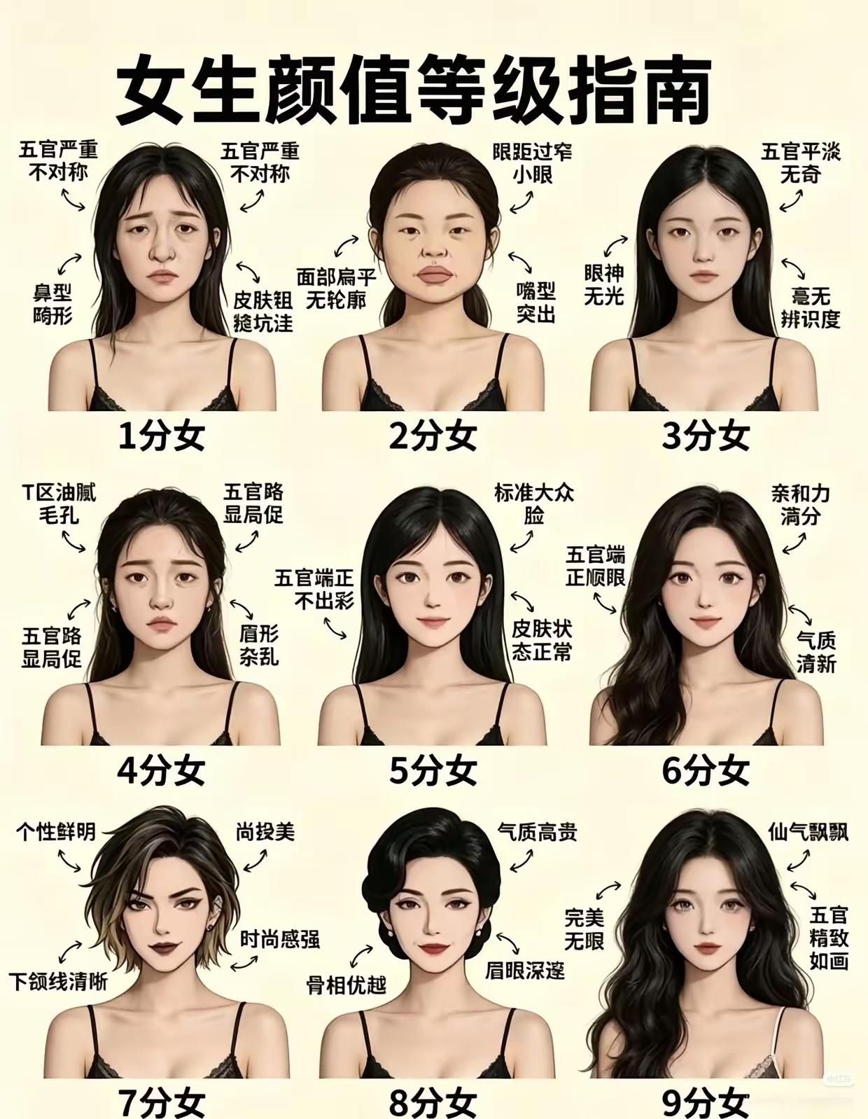 9分网红脸真的比6分好看吗？[苦瓜]我不这样觉得

这份女生颜值等级指南，在很多