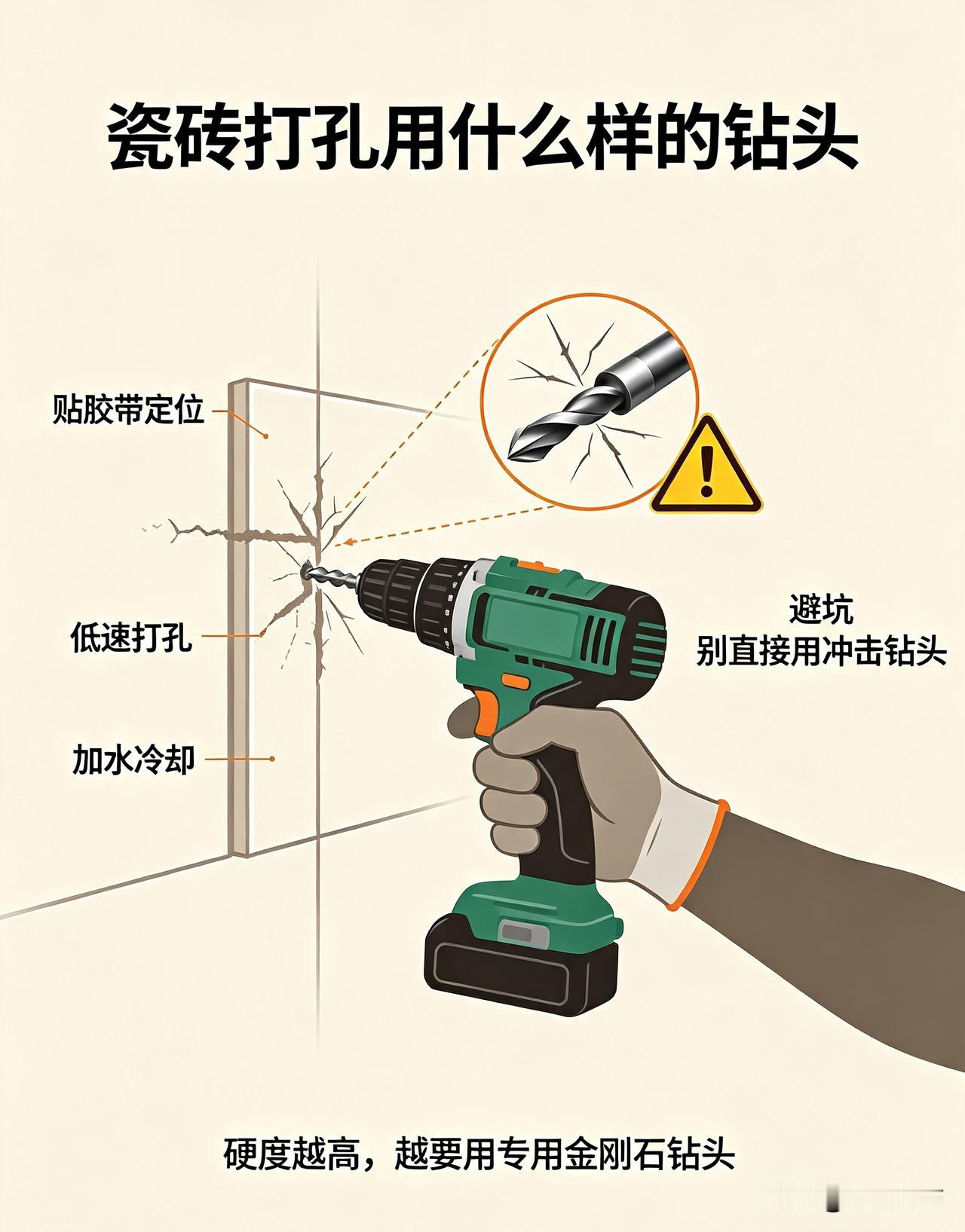 普通瓷砖选用三角钻头，适合手电钻，家用打孔性价比高；
硬度高的玻化砖、通体砖优先