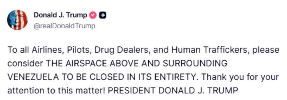 🇺🇸🇻🇪 | 紧急：特朗普：“致所有航空公司、飞行员、毒贩和人口贩子，请