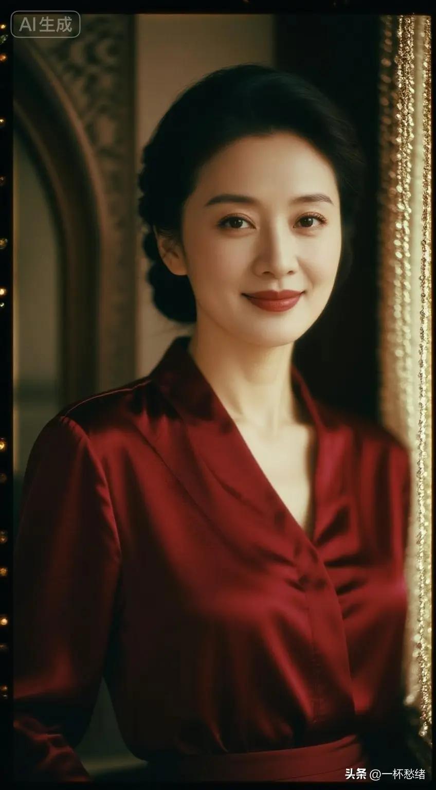 这位女士穿着红色衣服，微笑着站在窗边。