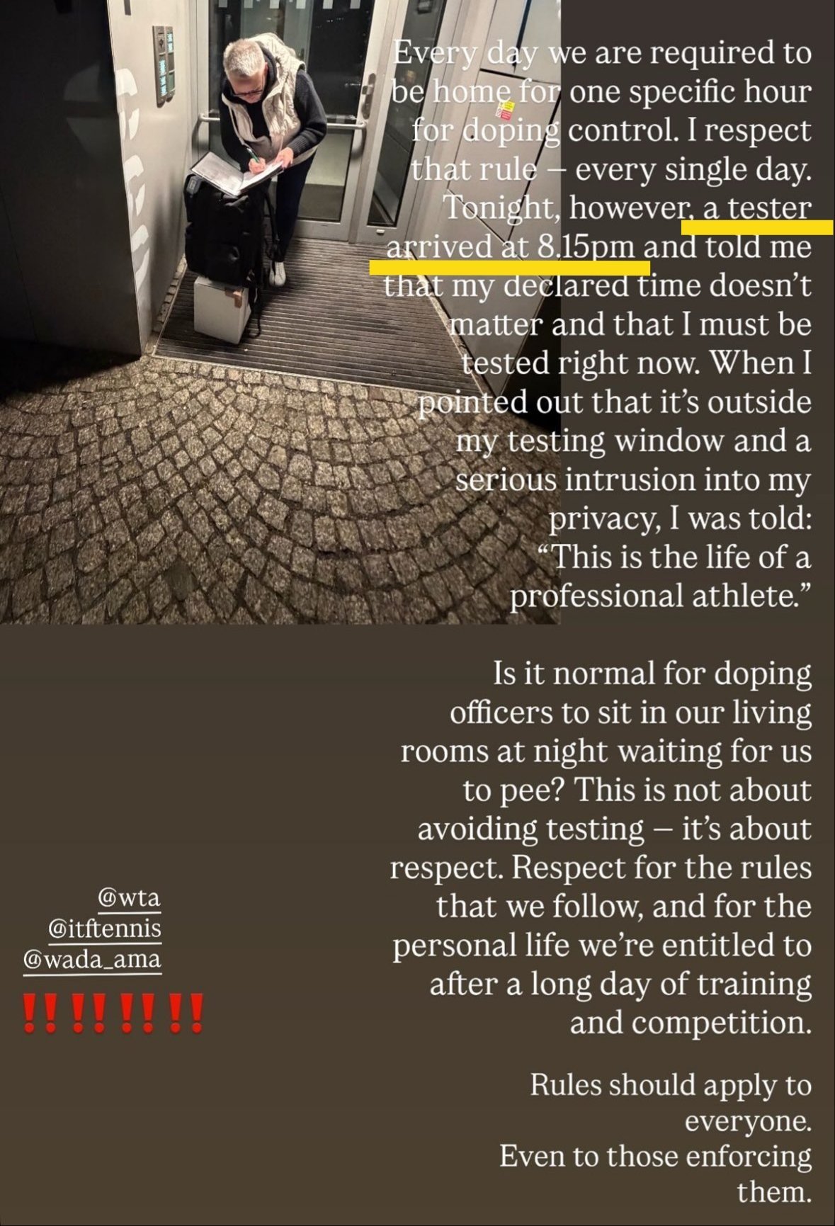 万卓索娃去年12月遇到兴奋剂检查时发的帖子👀「每天我们都有一个固定的小时必须在