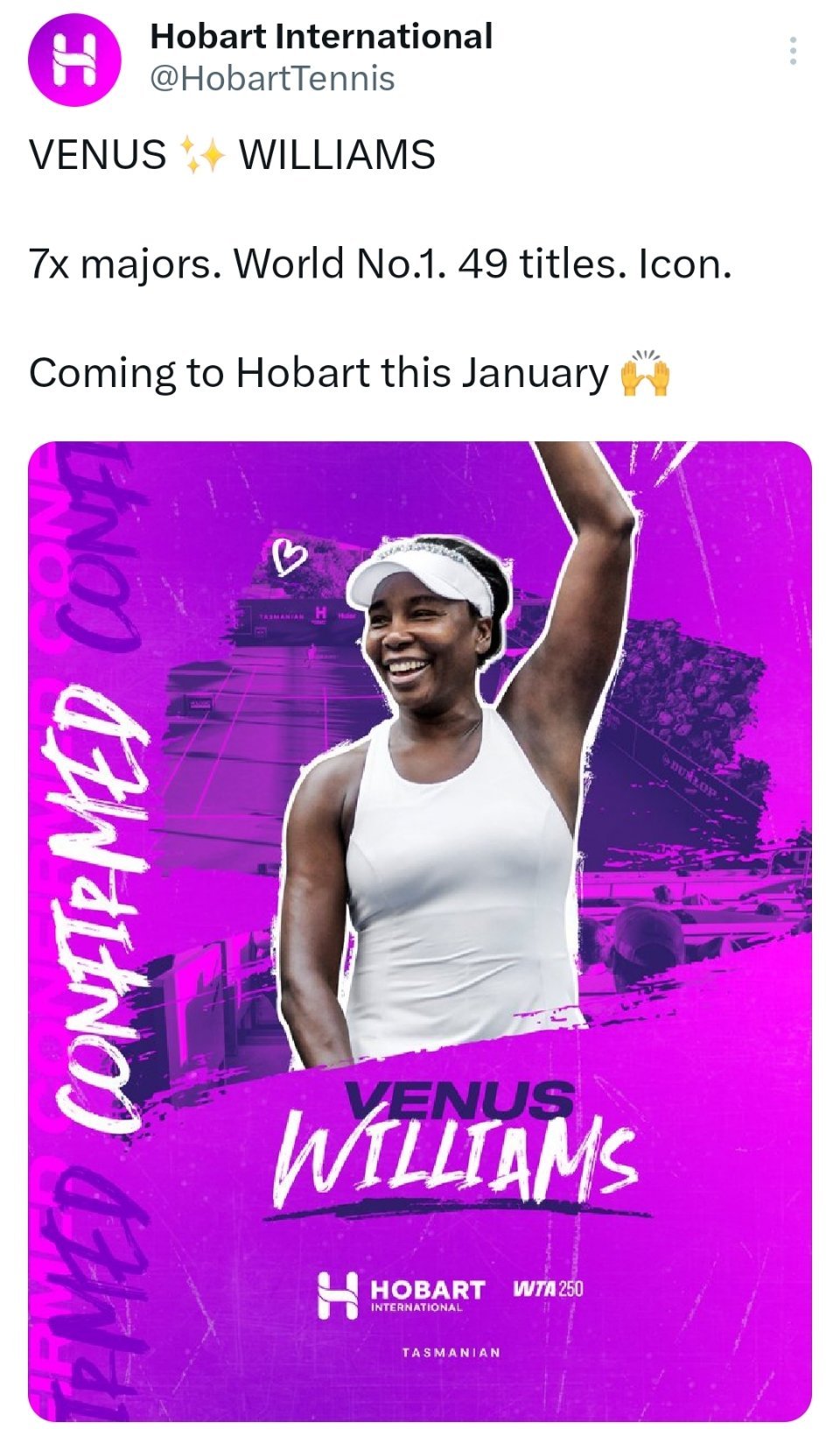 WTA250霍巴特站官宣大威廉姆斯出战！