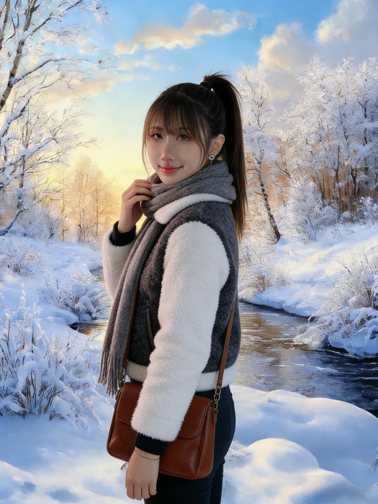 雾凇沆砀覆寒溪，拼色绒衣色正齐。
马尾轻扬风欲醉，佳人一笑雪成泥。