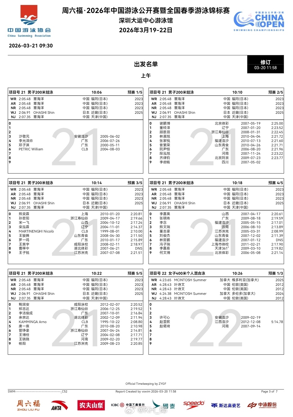 2026年中国游泳公开赛 3.21预赛秩序单 