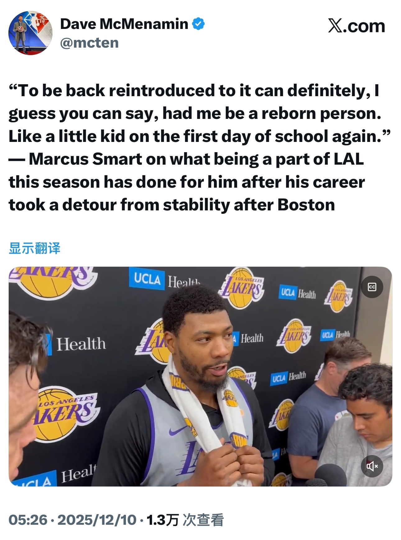 斯玛特谈本赛季加盟湖人，离开波士顿后，职业生涯脱离了稳定的轨迹：“我不得不说，重