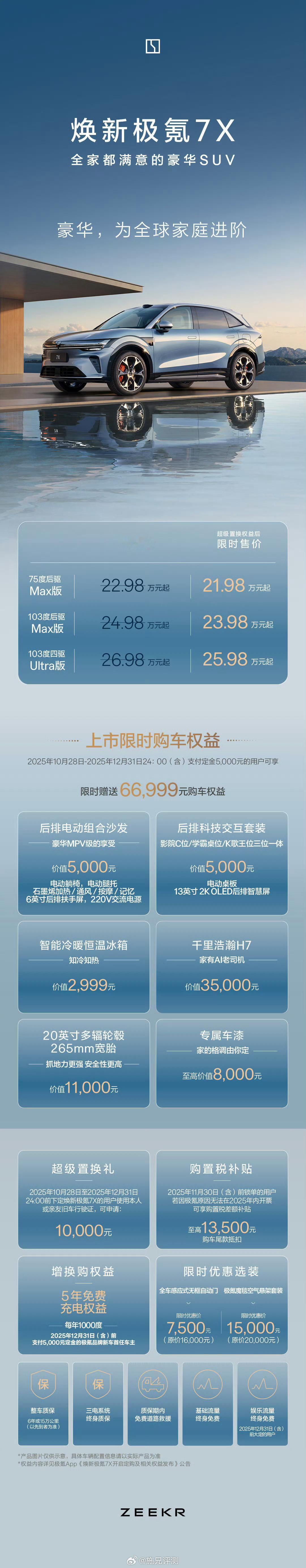 一图读懂焕新极氪7X上市限时权益价21.98万元起，12月31日24:00前下定